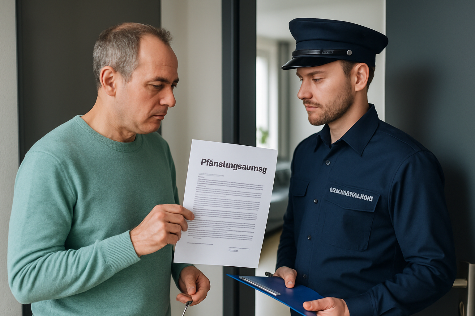 Gerichtsvollzieher mit Vollstreckungstitel an der Haustür eines Schuldners
