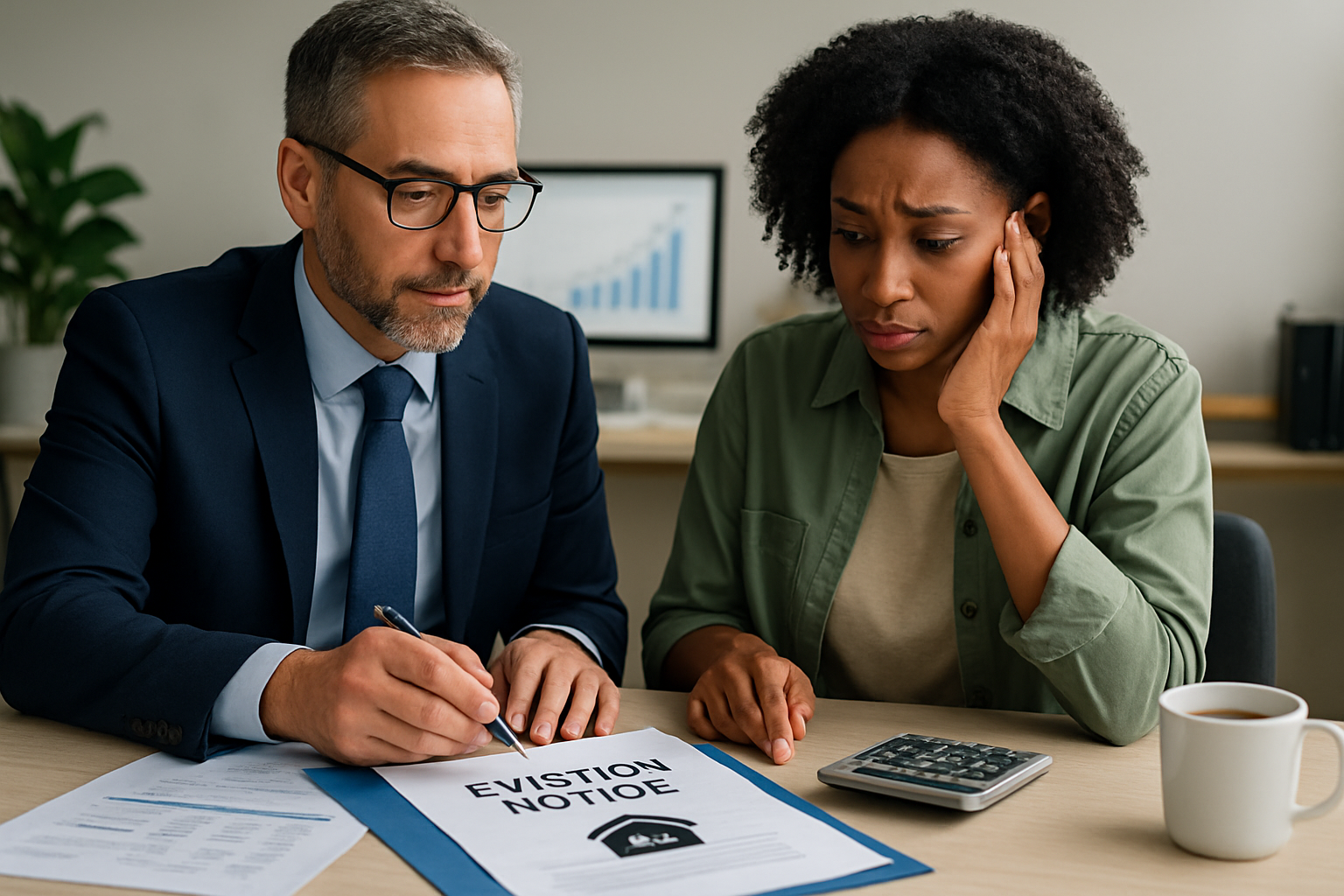 Besorgte Person mit Mietvertrag und Rechnungen überlegt, wie sie Mietschulden verhindern kann