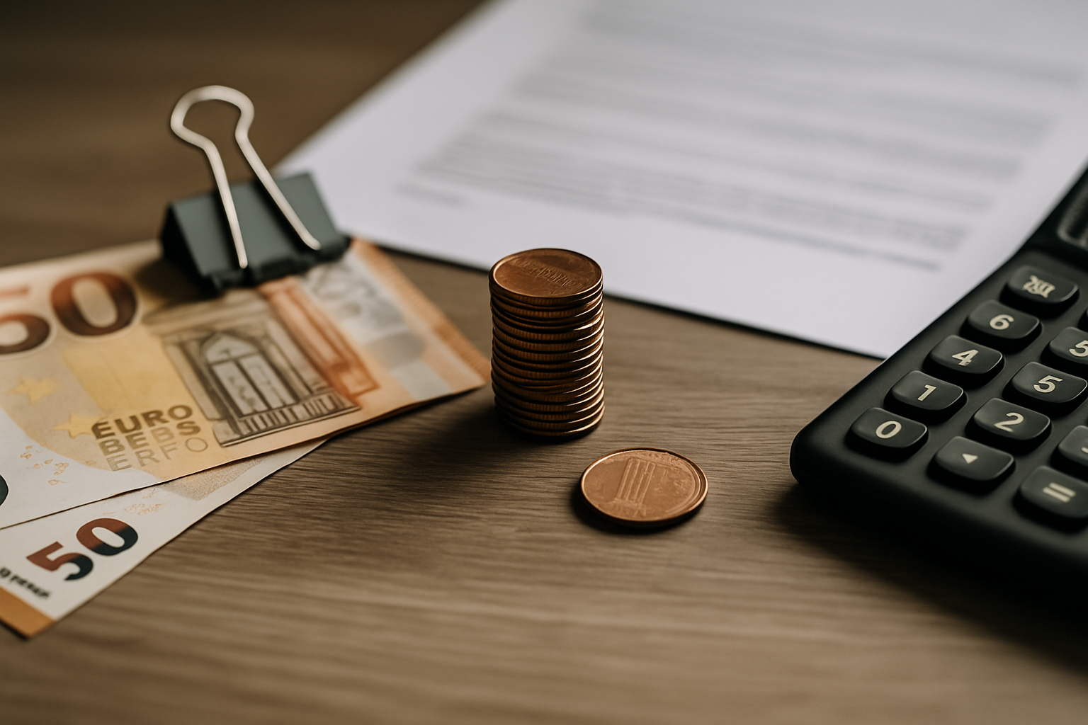 Person plant Schuldenabbau mit Taschenrechner und Unterlagen am Schreibtisch