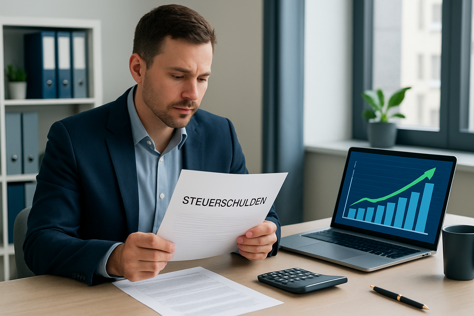 Person am Schreibtisch mit Steuerbescheiden plant Lösung für Steuerschulden beim Finanzamt